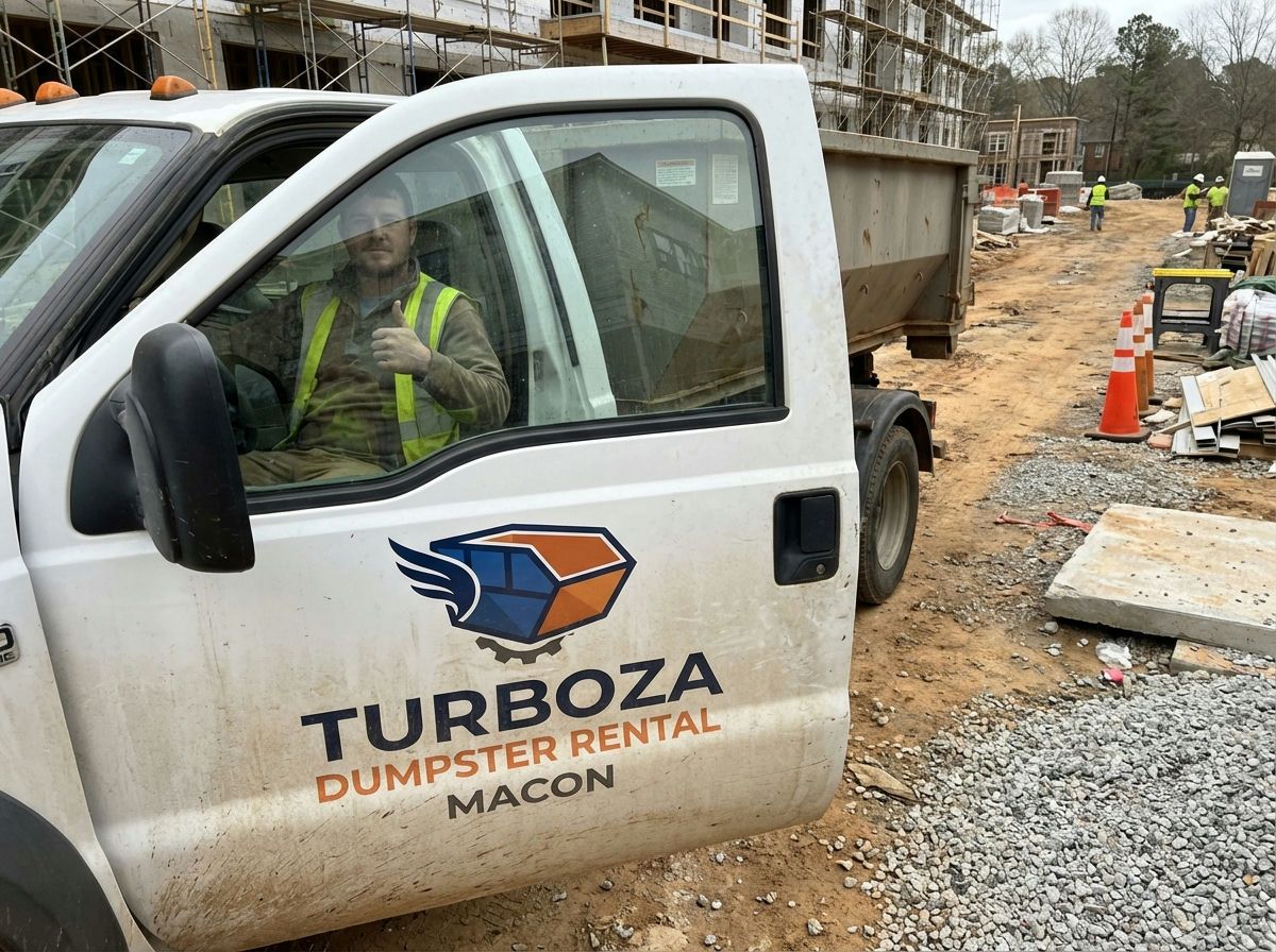 Turboza roll-off truck driver delivering to a construction site in Macon